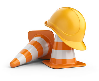 Traffic cones and hardhat. Road sign. Icon isolated on white bac